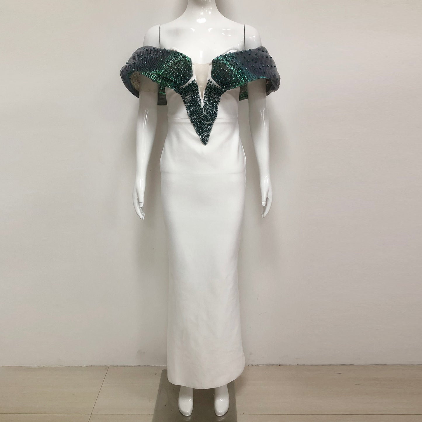 Black Off Shoulder Beaded Bodycon Maxi Evening Dresses