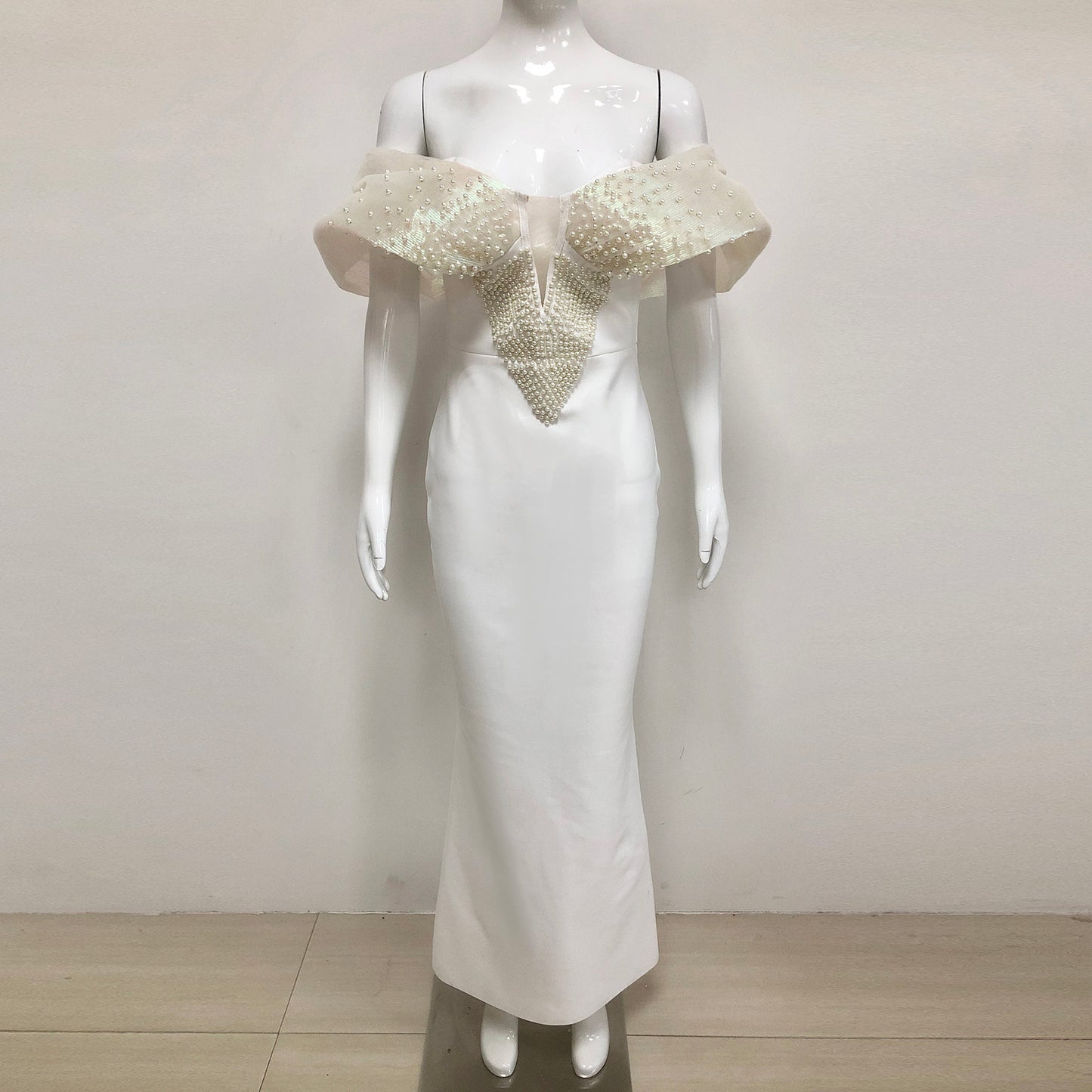 Black Off Shoulder Beaded Bodycon Maxi Evening Dresses