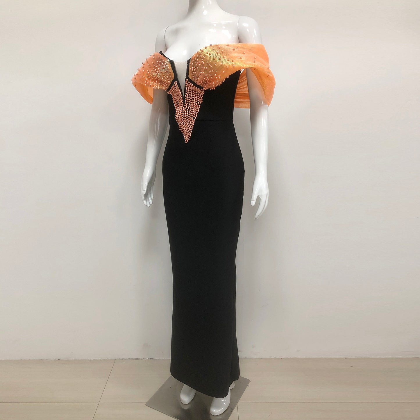 Black Off Shoulder Beaded Bodycon Maxi Evening Dresses