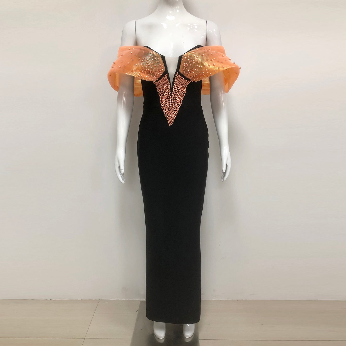 Black Off Shoulder Beaded Bodycon Maxi Evening Dresses