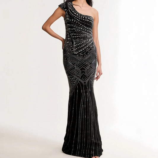 Black One Shoulder Rhinestone Pearl Beaded Mermaid Gown