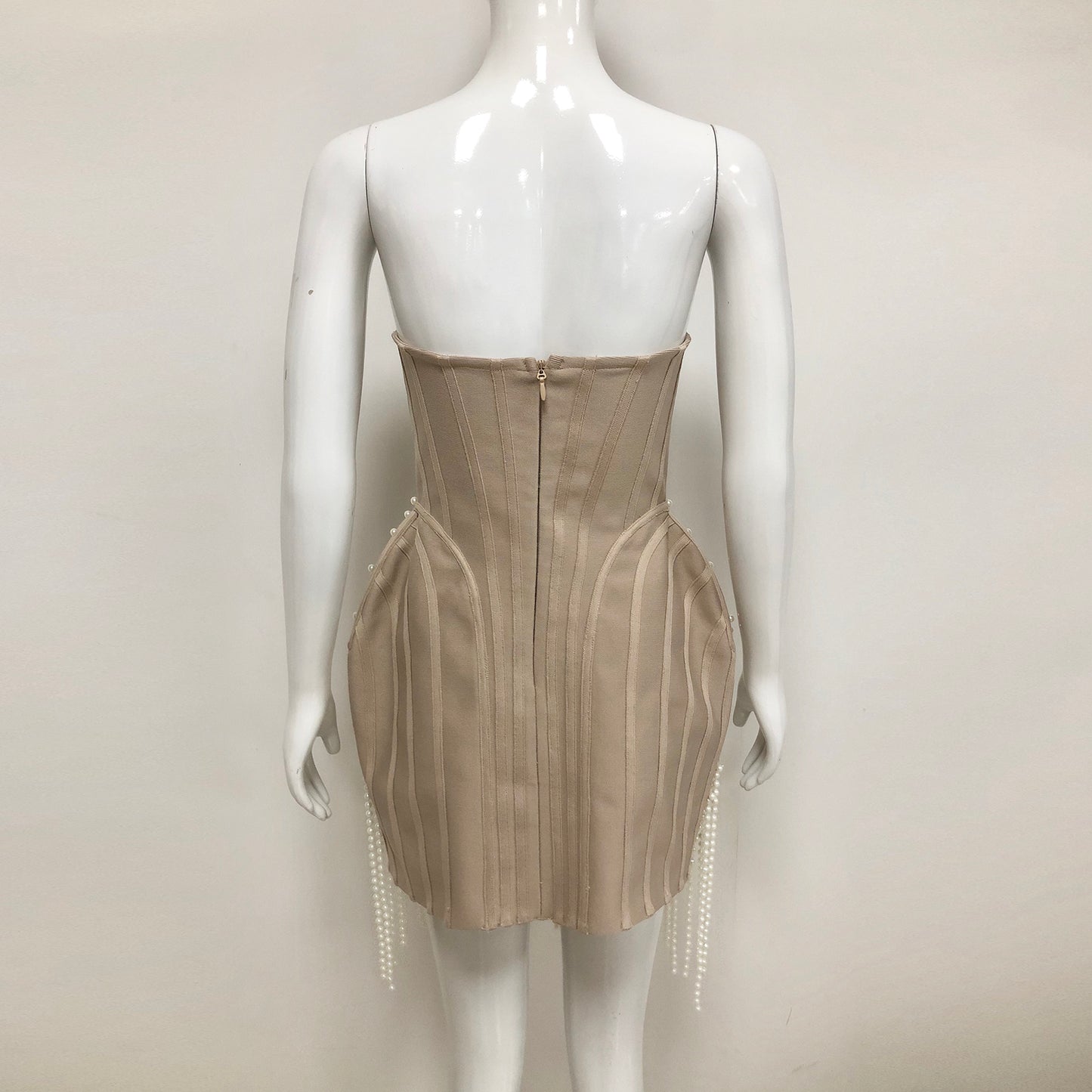 Beige Bandage Dress With Pearl Fringe