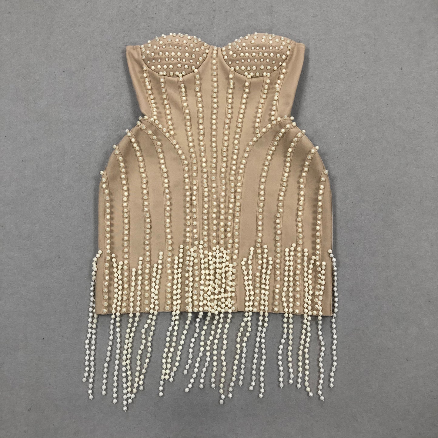 Beige Bandage Dress With Pearl Fringe
