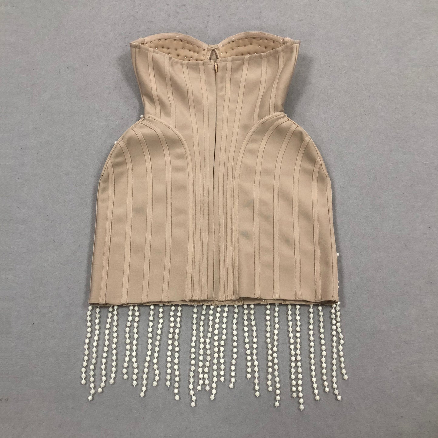 Beige Bandage Dress With Pearl Fringe