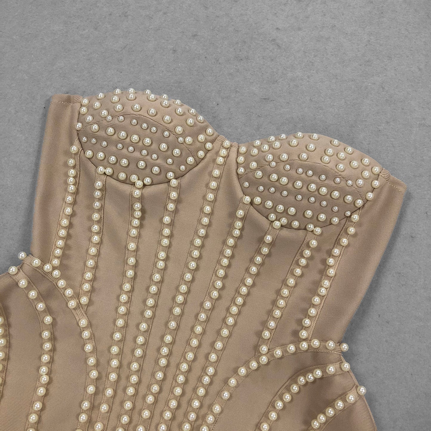 Beige Bandage Dress With Pearl Fringe