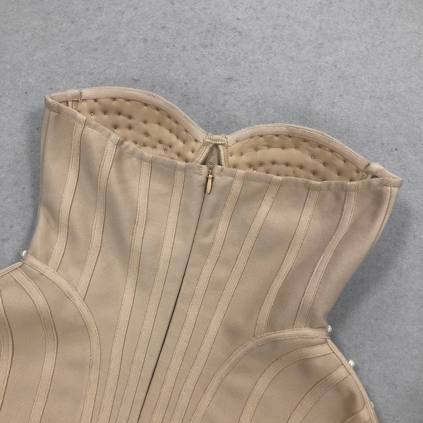 Beige Bandage Dress With Pearl Fringe