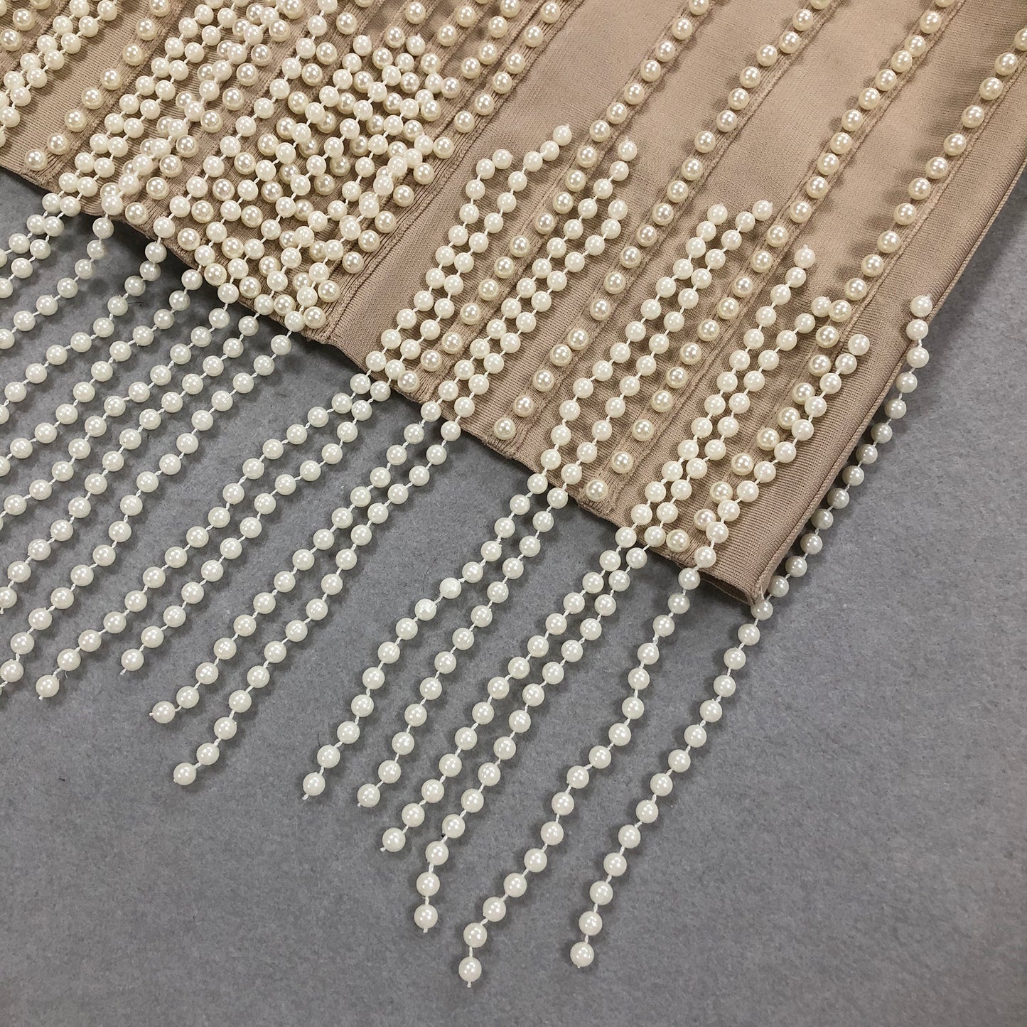 Beige Bandage Dress With Pearl Fringe