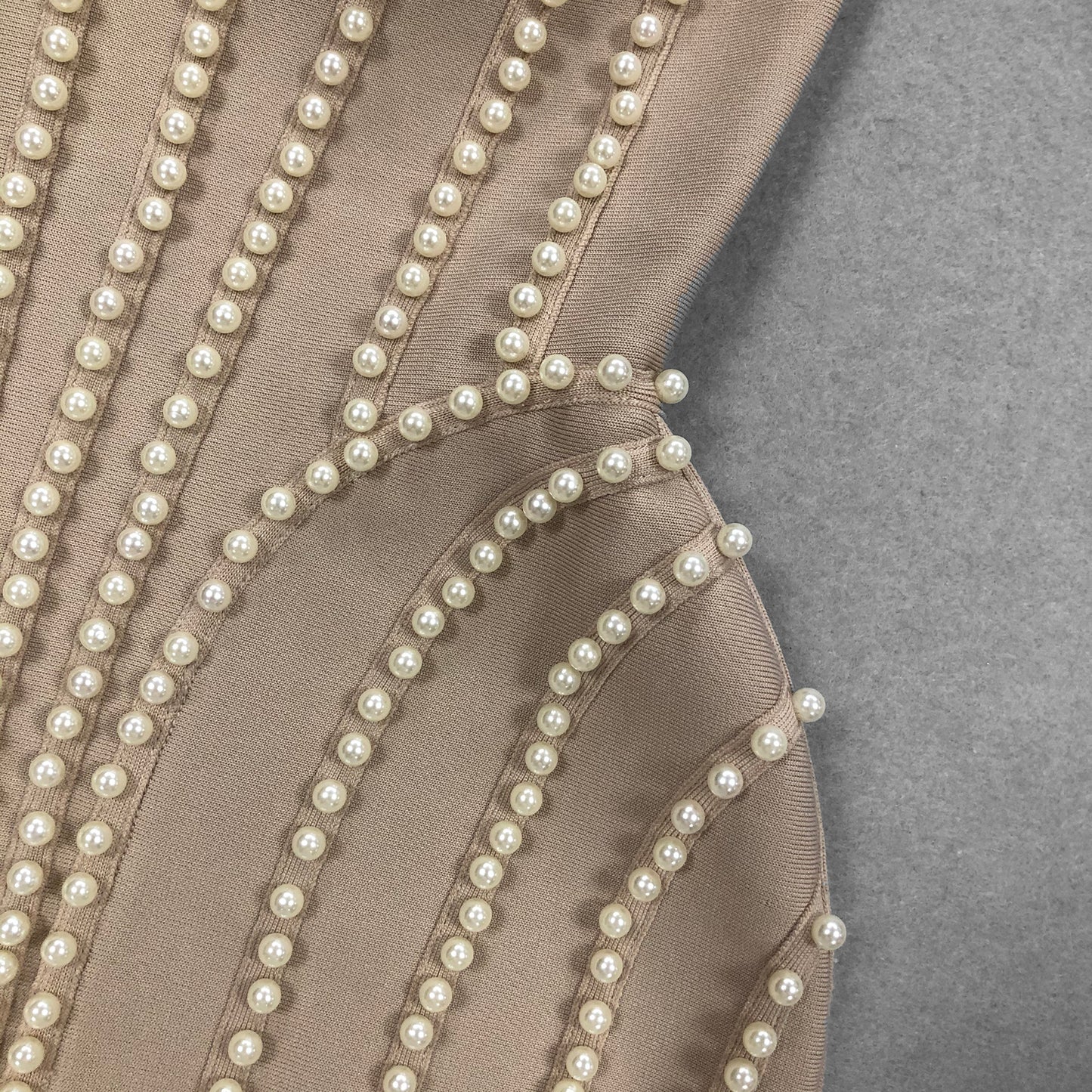 Beige Bandage Dress With Pearl Fringe