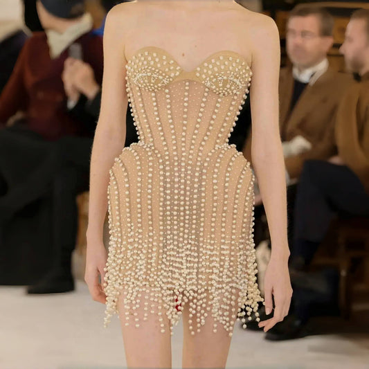 Beige Bandage Dress With Pearl Fringe