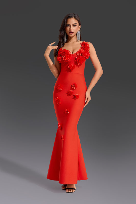 3D Flower One Shoulder Bandage Evening Gowns Elegant Red Long Gown Formal Party Wear Dresses for Women