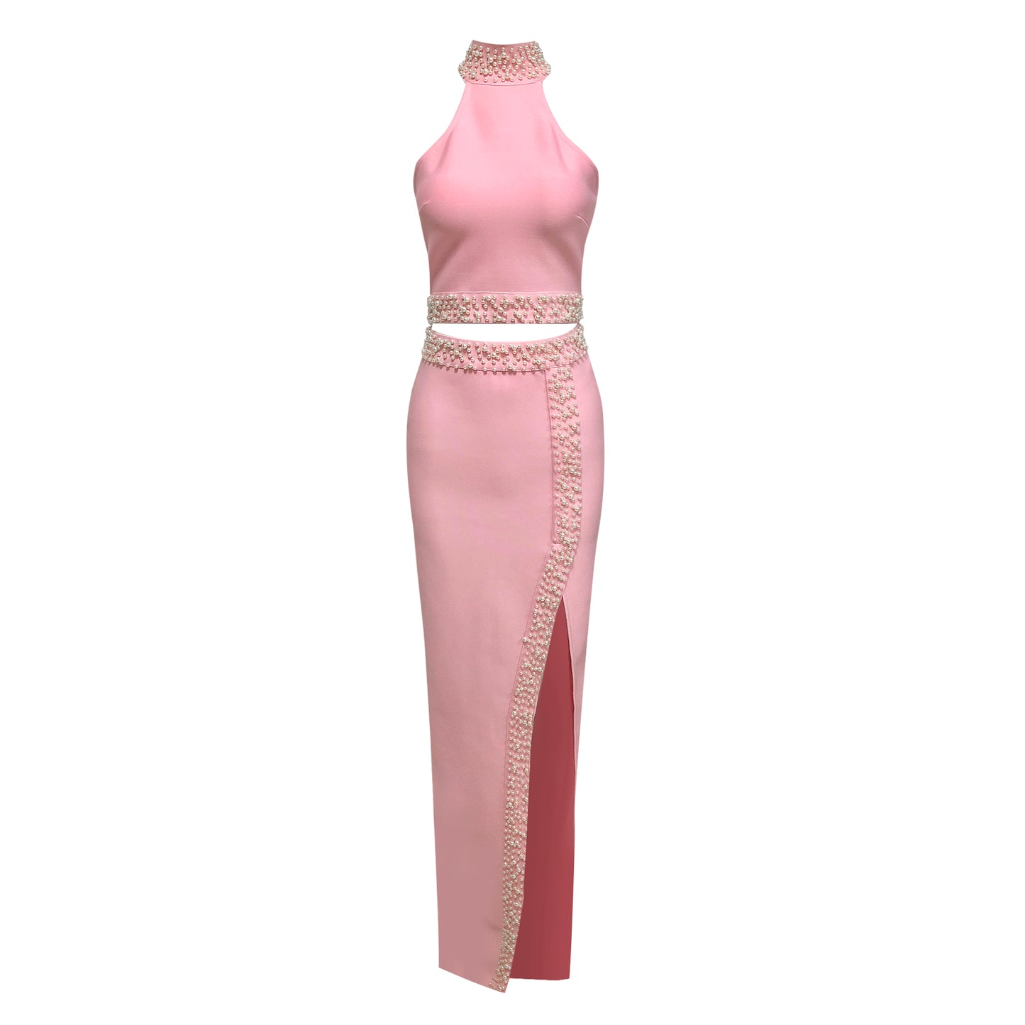 Elegant Women's Skirt Sets High Slit Pink Bandage 2 Piece Skirt Set with Pearls