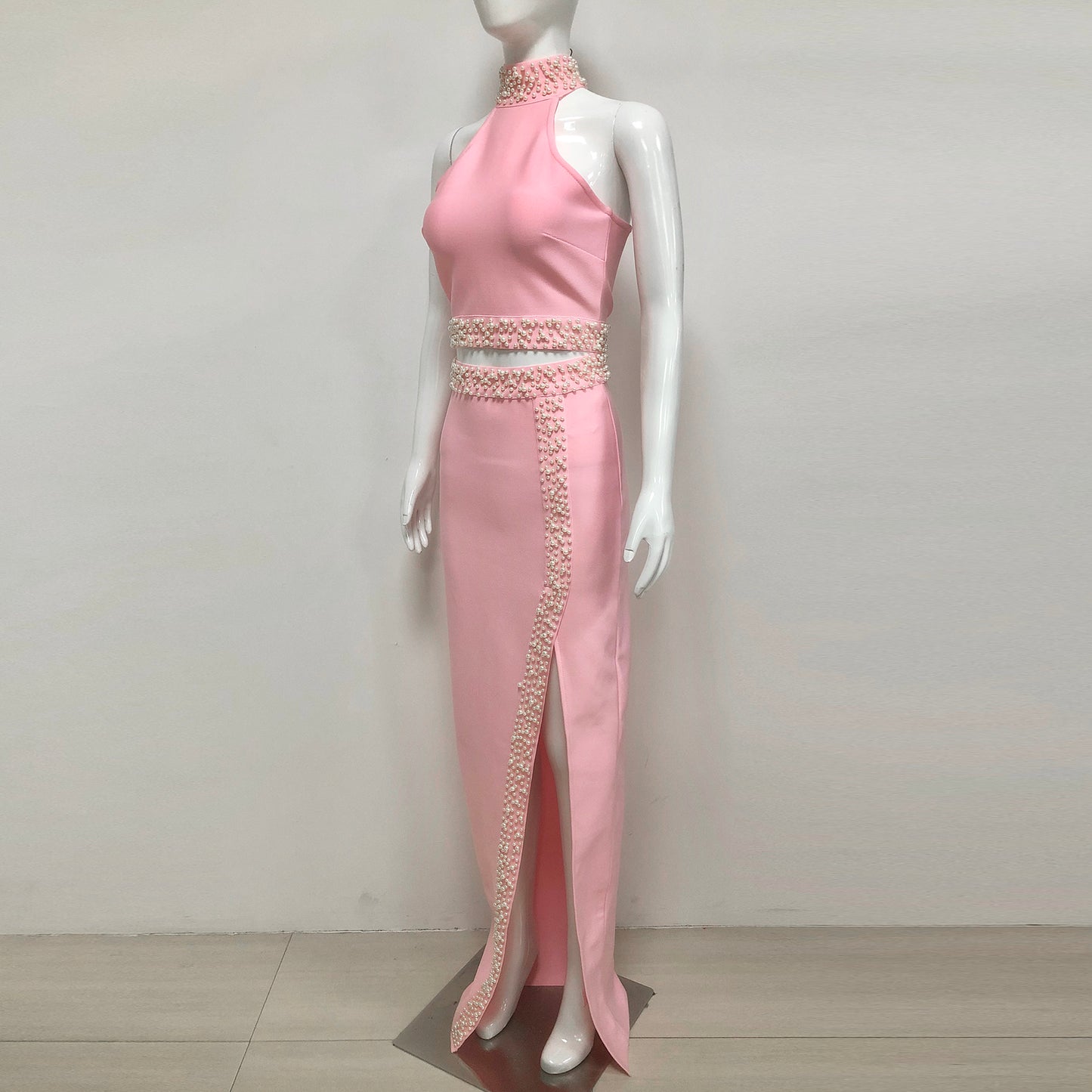 Elegant Women's Skirt Sets High Slit Pink Bandage 2 Piece Skirt Set with Pearls