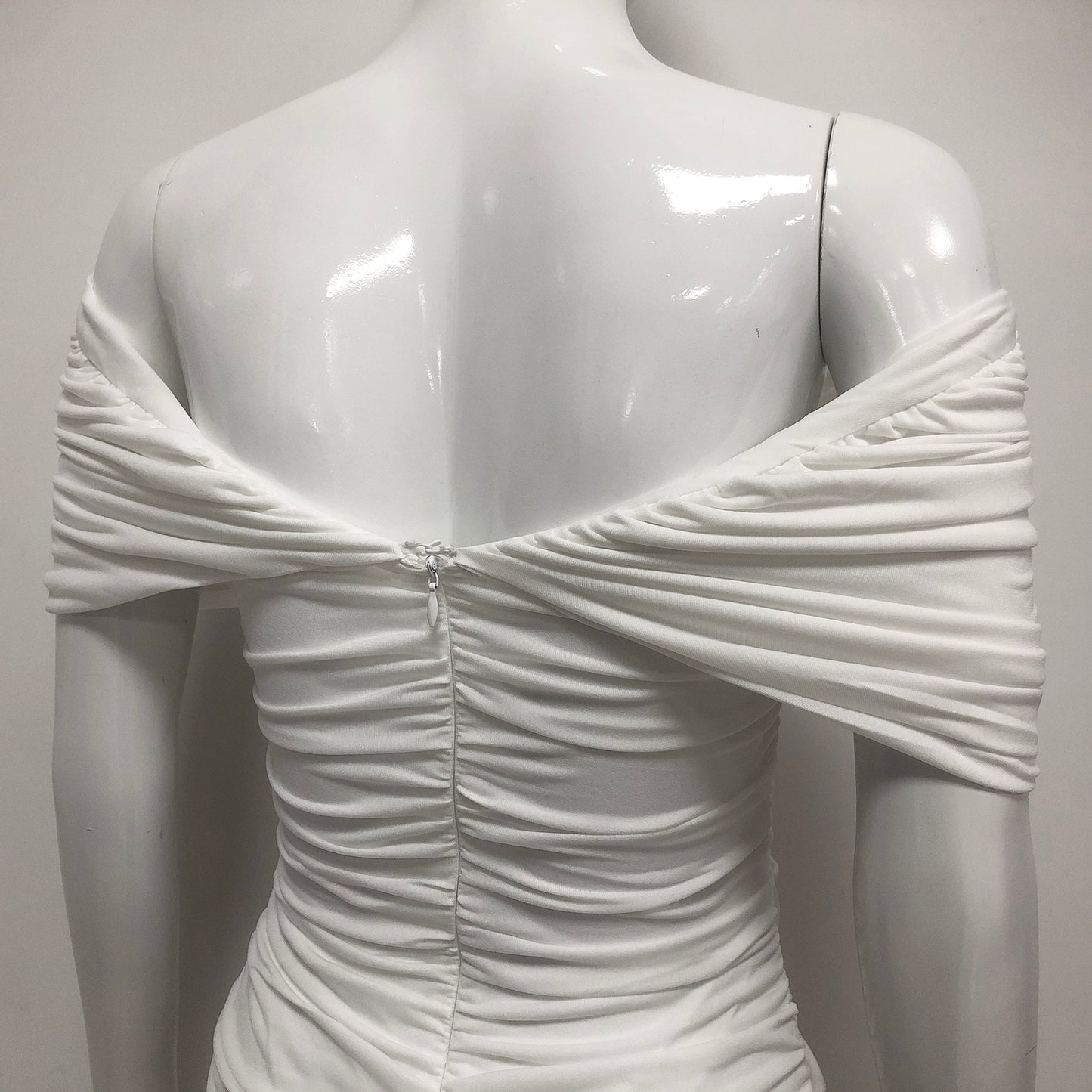 White Off Shoulder Ruched Bodycon Maxi Dresses