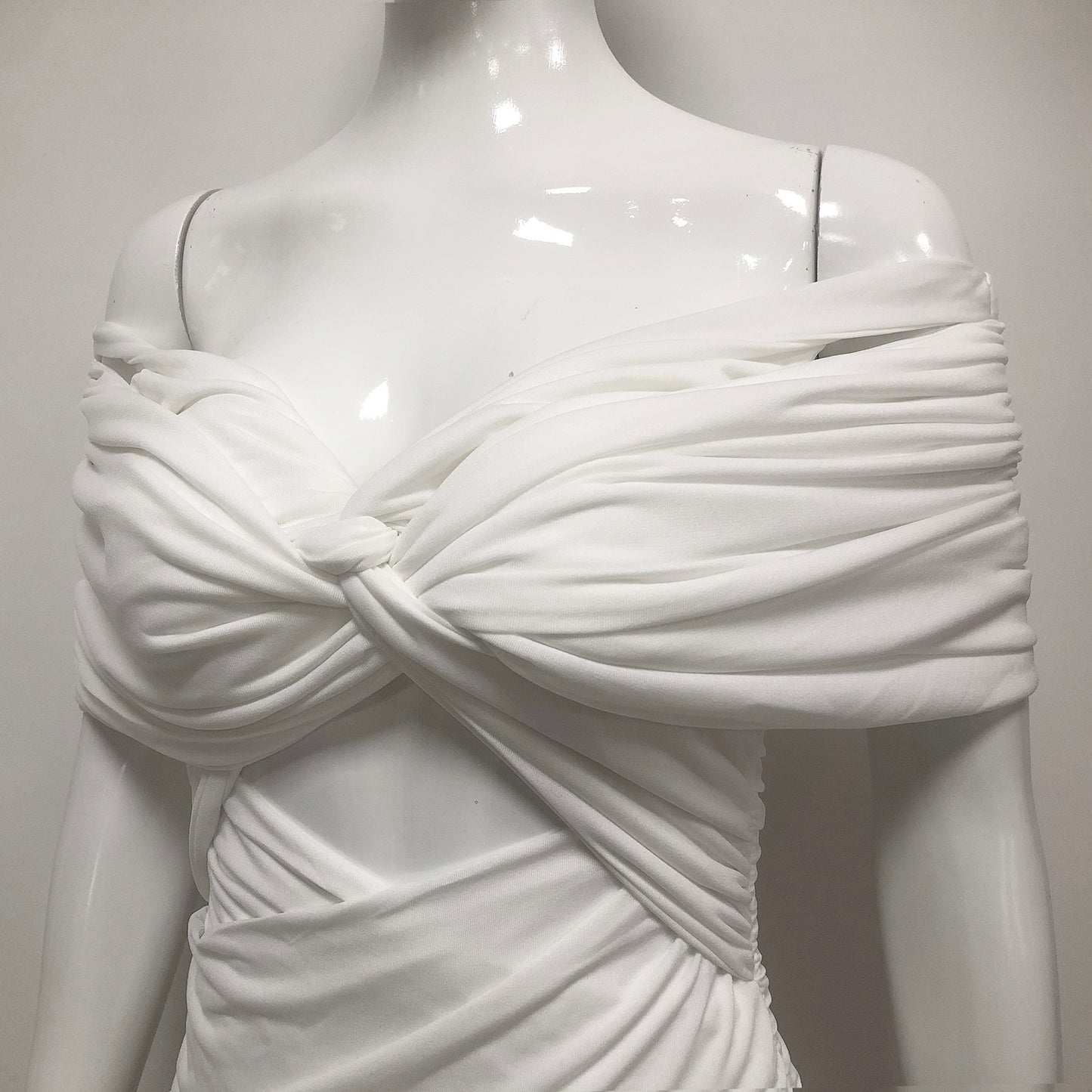 White Off Shoulder Ruched Bodycon Maxi Dresses