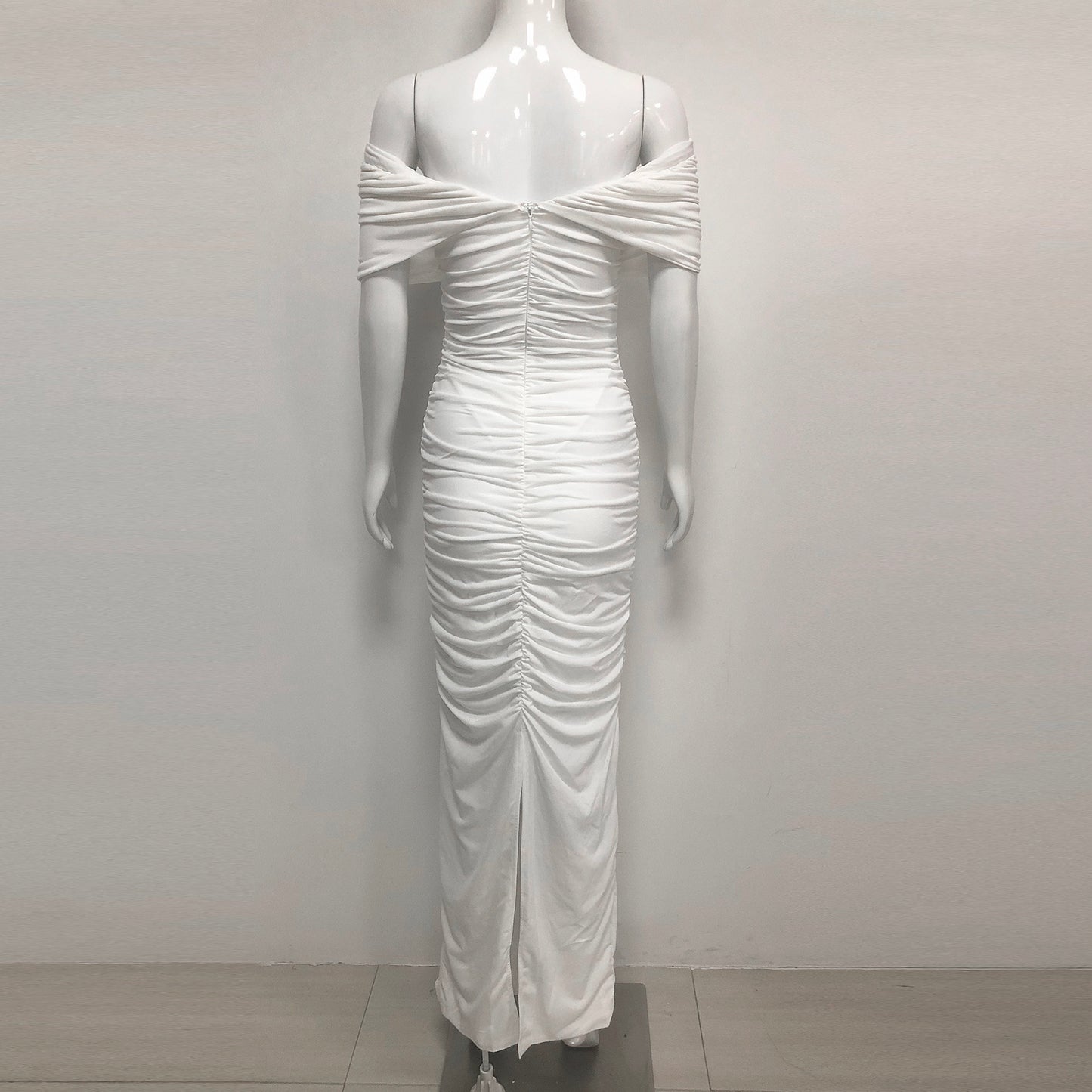 White Off Shoulder Ruched Bodycon Maxi Dresses
