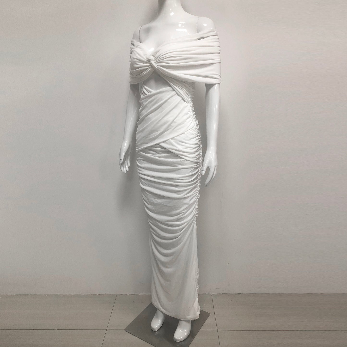White Off Shoulder Ruched Bodycon Maxi Dresses