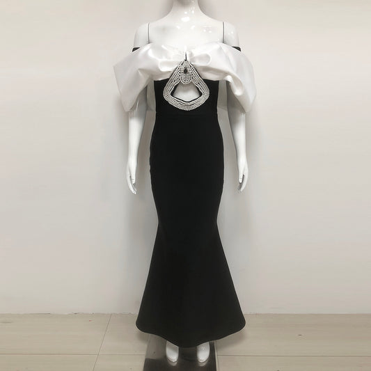 Off Shoulder Bow Rhinestone Cutout Mermaid Maxi Dress