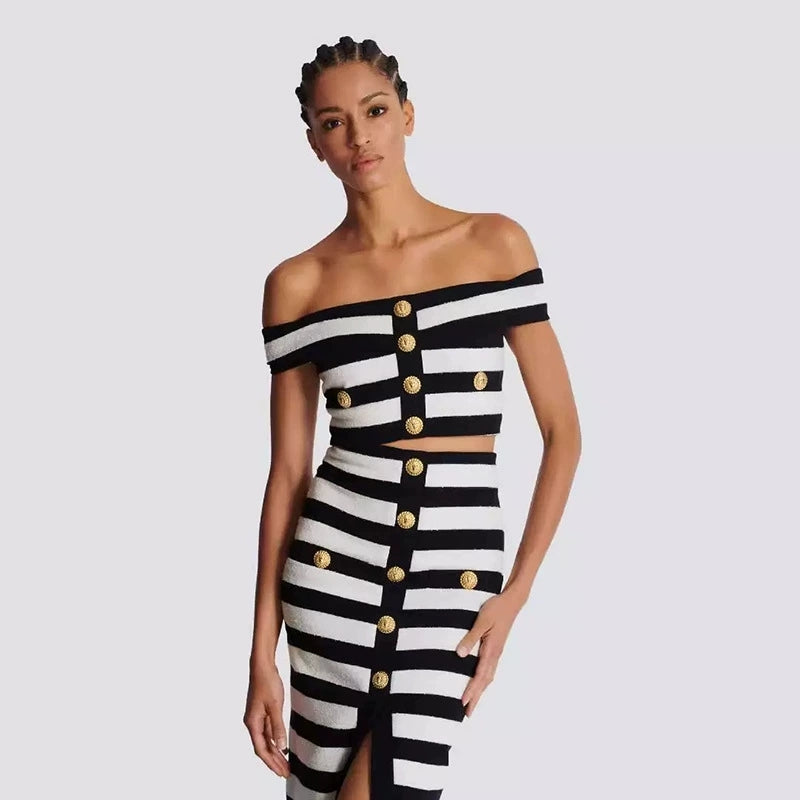 Black White Striped Two Piece Set