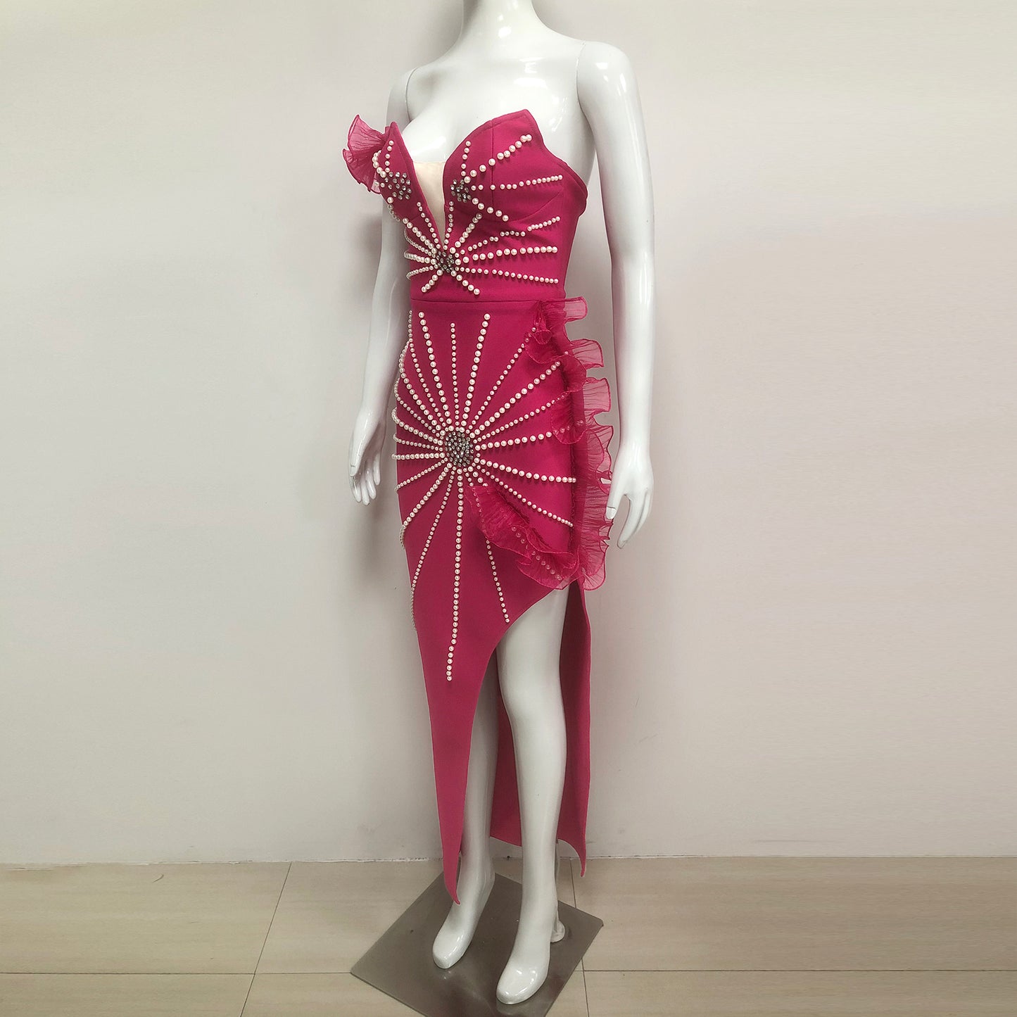 One Shoulder Rhinestone Ruffle Evening Dress