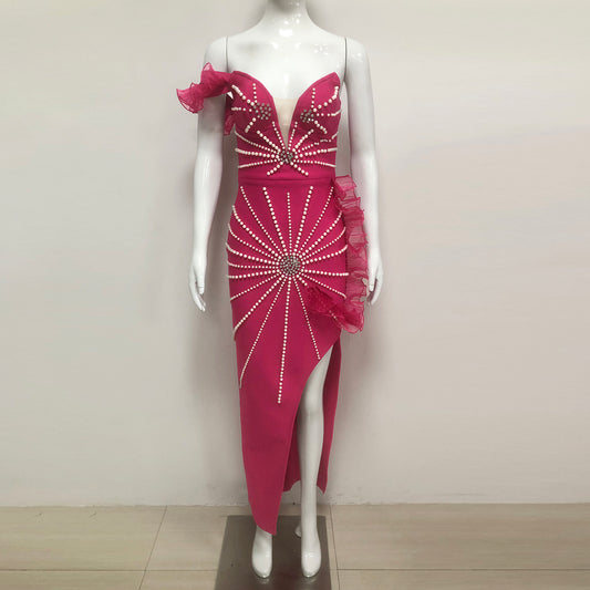 One Shoulder Rhinestone Ruffle Evening Dress