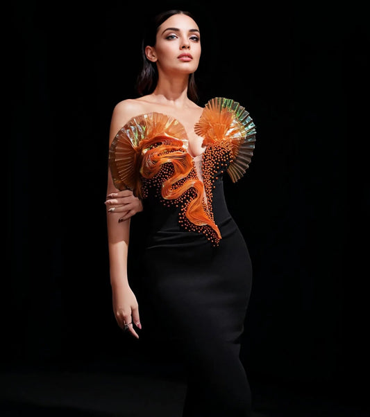 3D Fan Strapless Black Evening Dresses