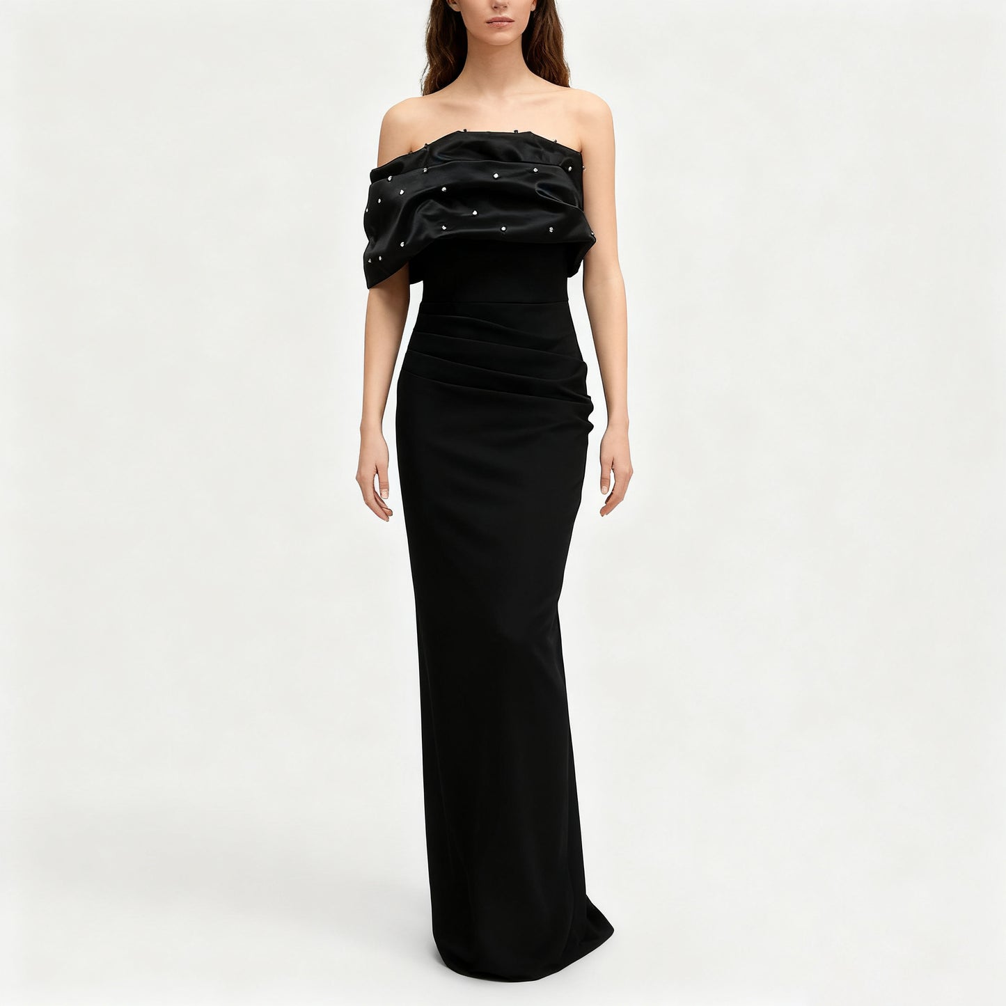 Off Shoulder Pearl Draped Long Evening Dress