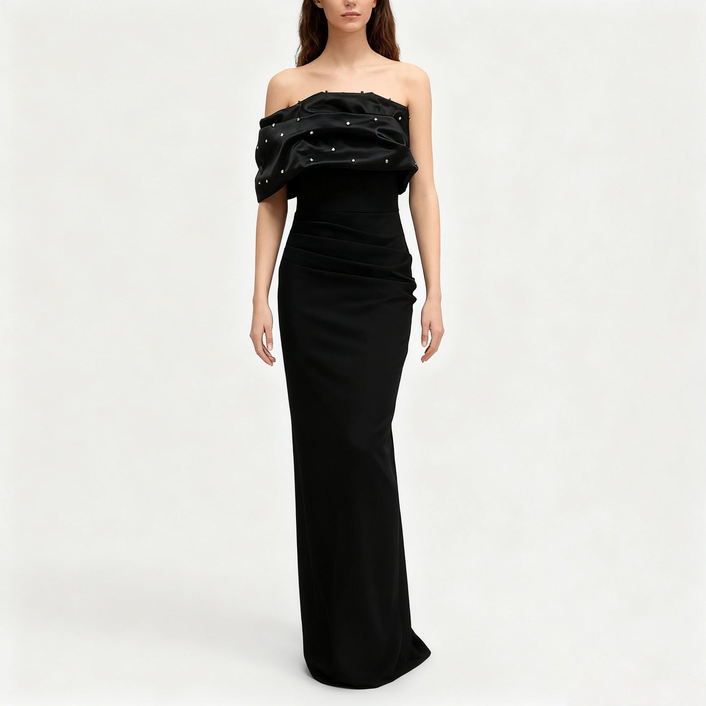 Off Shoulder Pearl Draped Long Evening Dress