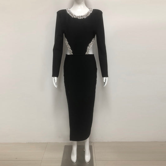Black Rhinestone Cutout Club Evening Dresses