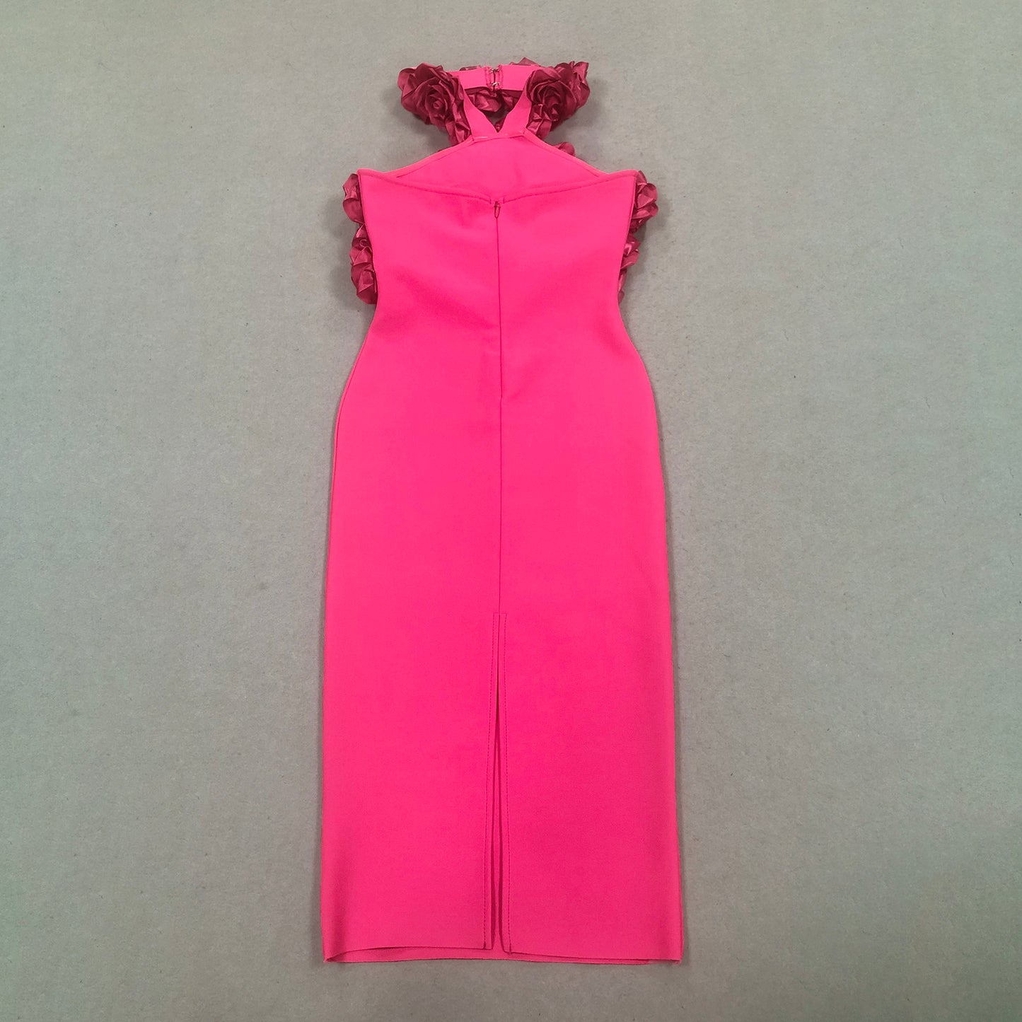 Hot Pink Rose Flower Midi Dress Bodycon Evening Gown