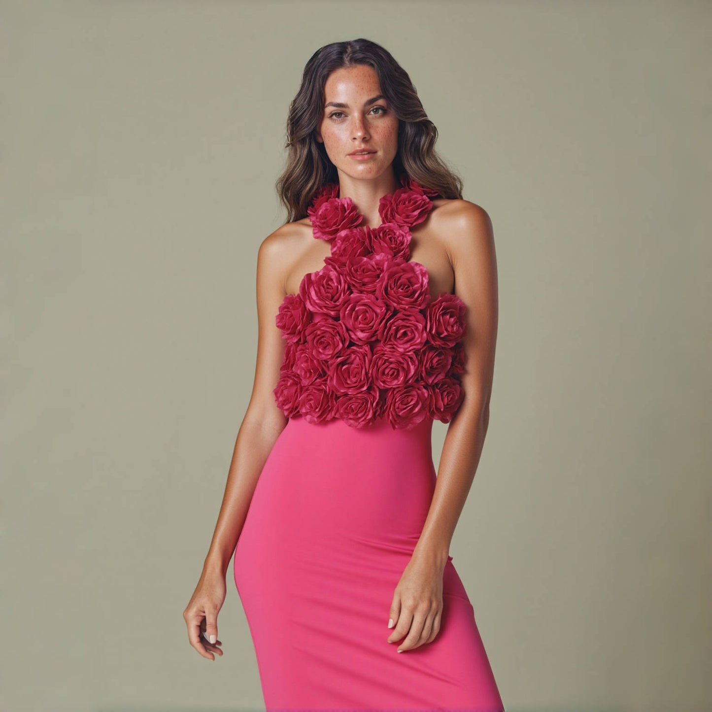 Hot Pink Rose Flower Midi Dress Bodycon Evening Gown