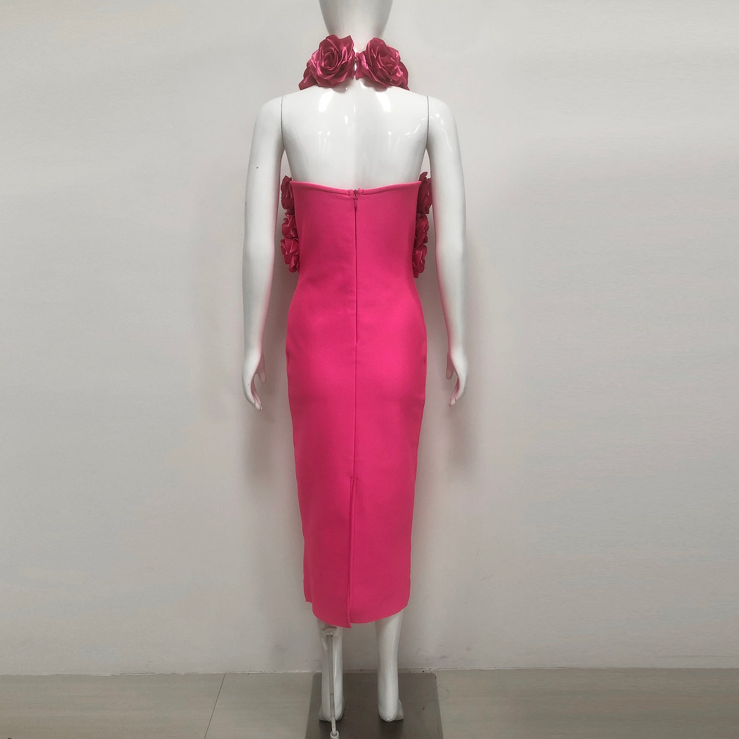 Pink Halter Neck 3D Rose Midi Dress