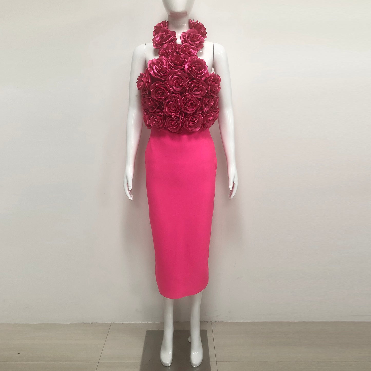 Pink Halter Neck 3D Rose Midi Dress