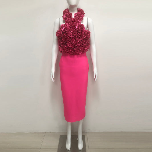 Pink Halter Neck 3D Rose Midi Dress