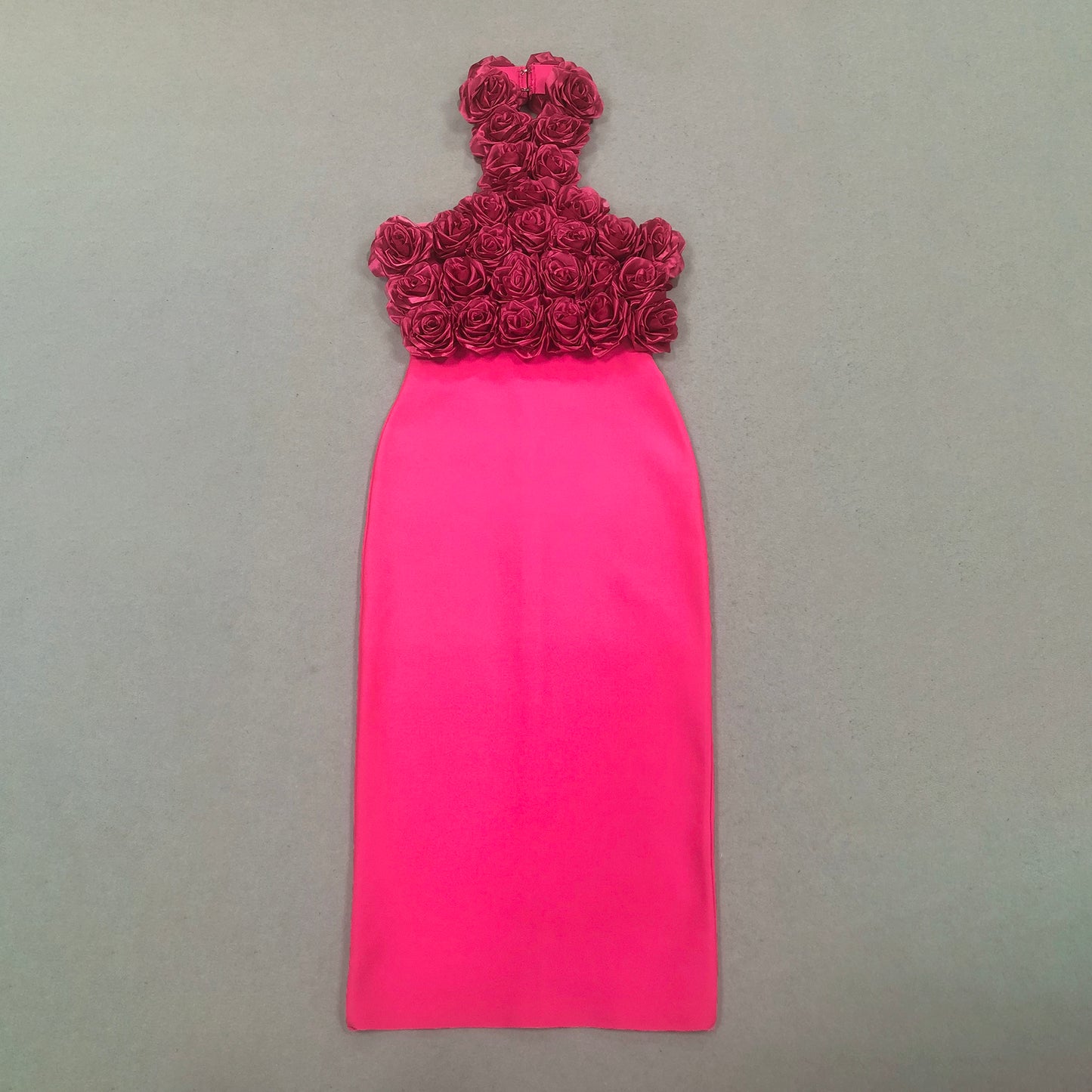 Hot Pink Rose Flower Midi Dress Bodycon Evening Gown
