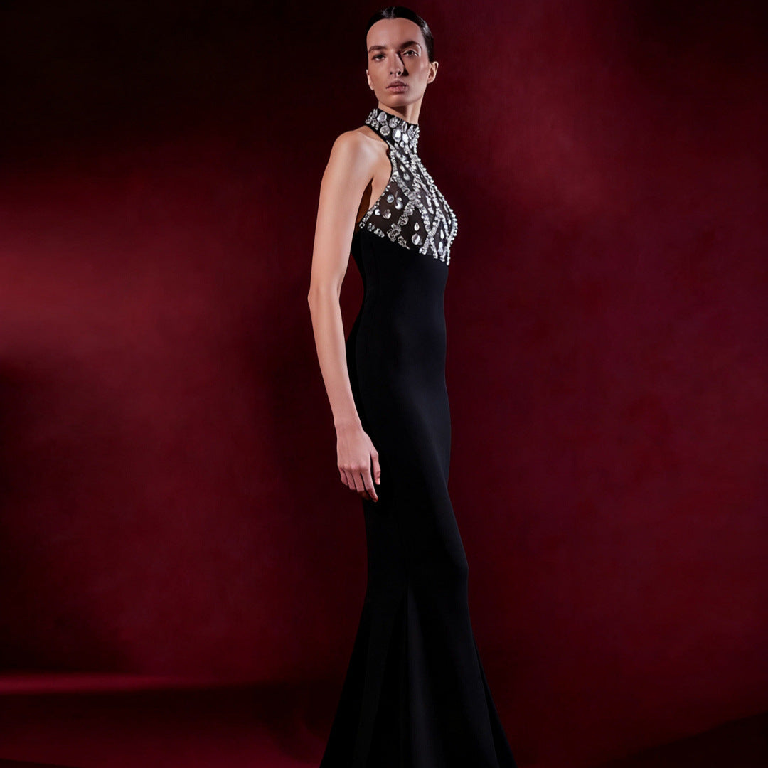 Black Halter Rhinestones Bandage Mermaid Dress