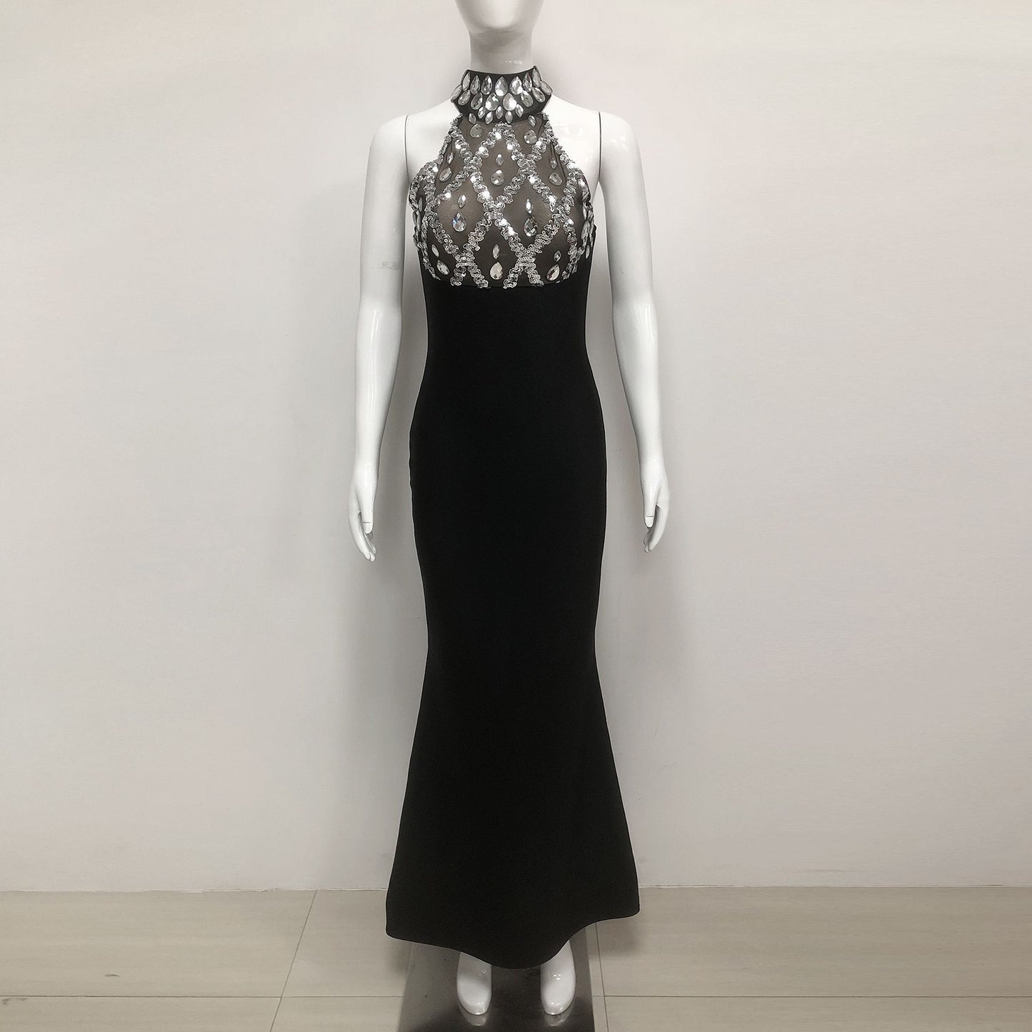 Black Halter Rhinestones Bandage Mermaid Dress