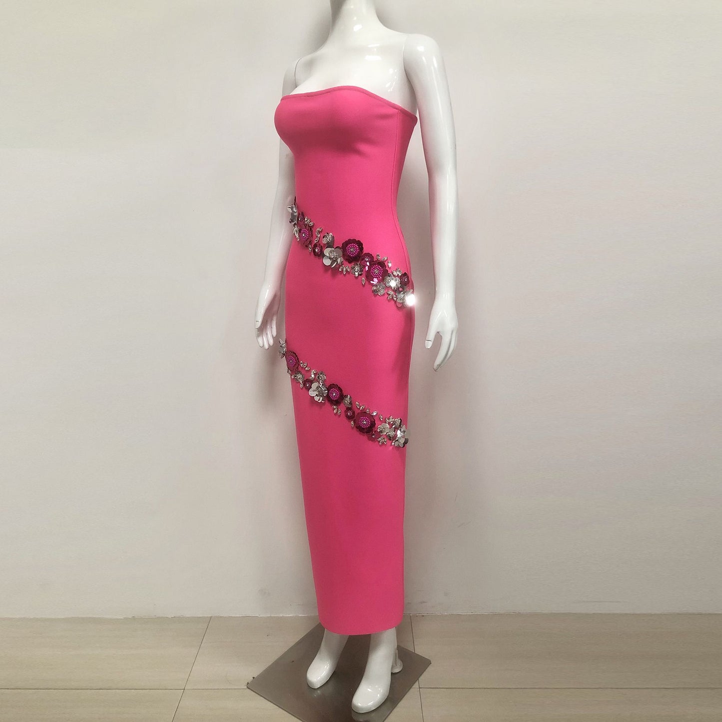 Hot Pink Strapless Bodycon Maxi Dress With Rhinestone Sequin Floral