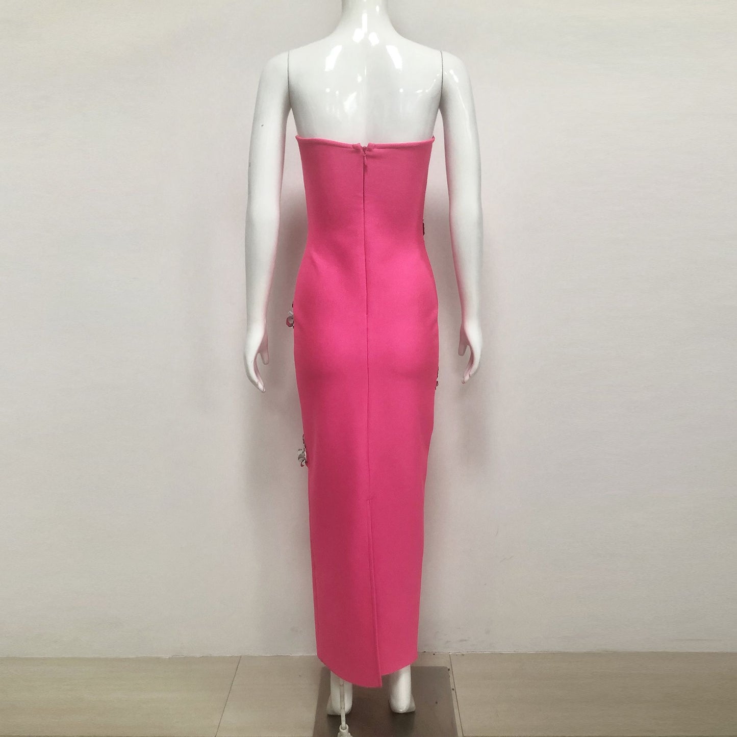 Hot Pink Strapless Bodycon Maxi Dress With Rhinestone Sequin Floral