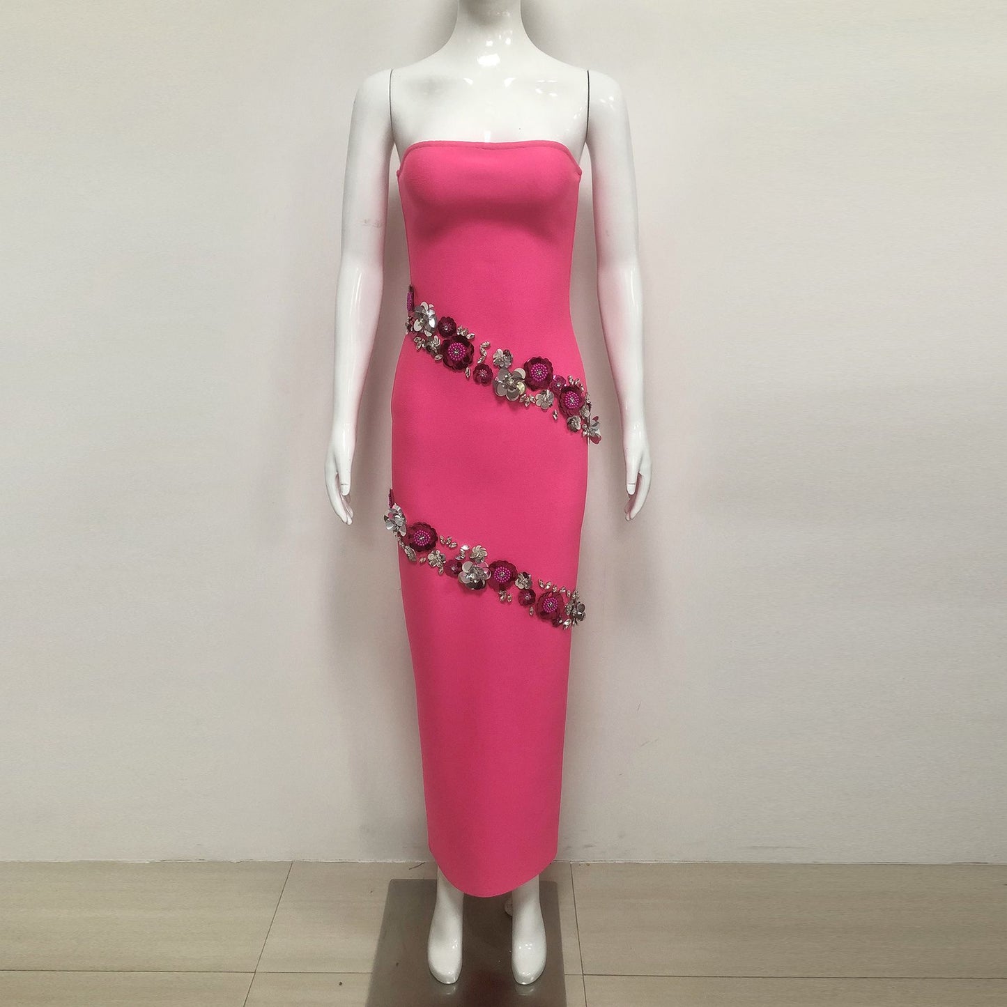 Hot Pink Strapless Bodycon Maxi Dress With Rhinestone Sequin Floral