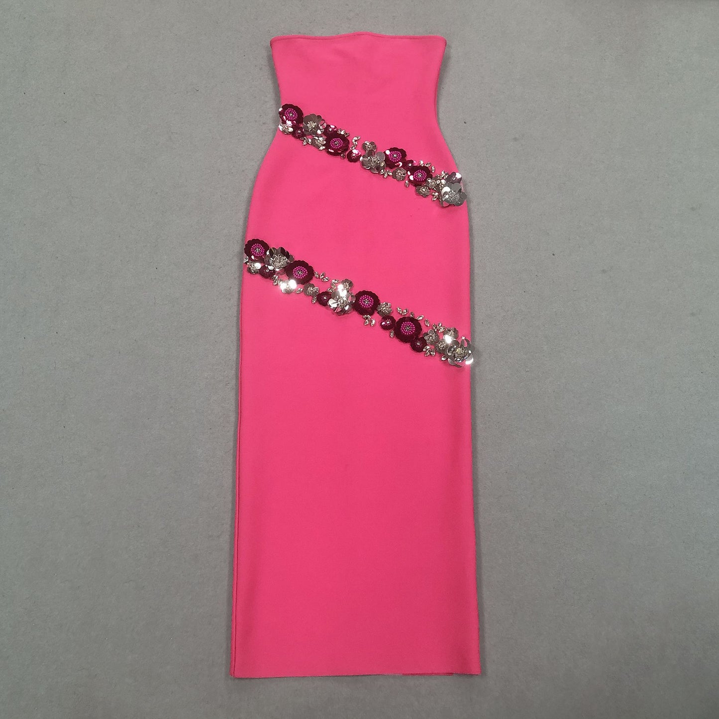 Hot Pink Strapless Bodycon Maxi Dress With Rhinestone Sequin Floral