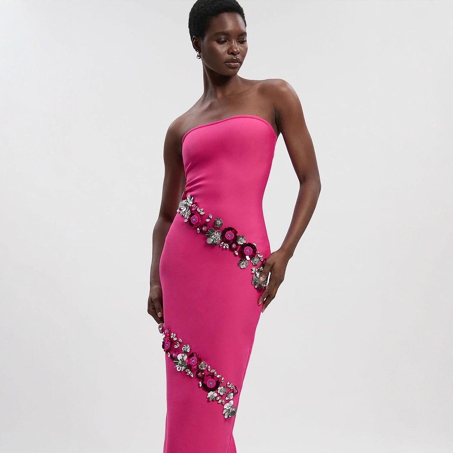 Hot Pink Strapless Bodycon Maxi Dress With Rhinestone Sequin Floral