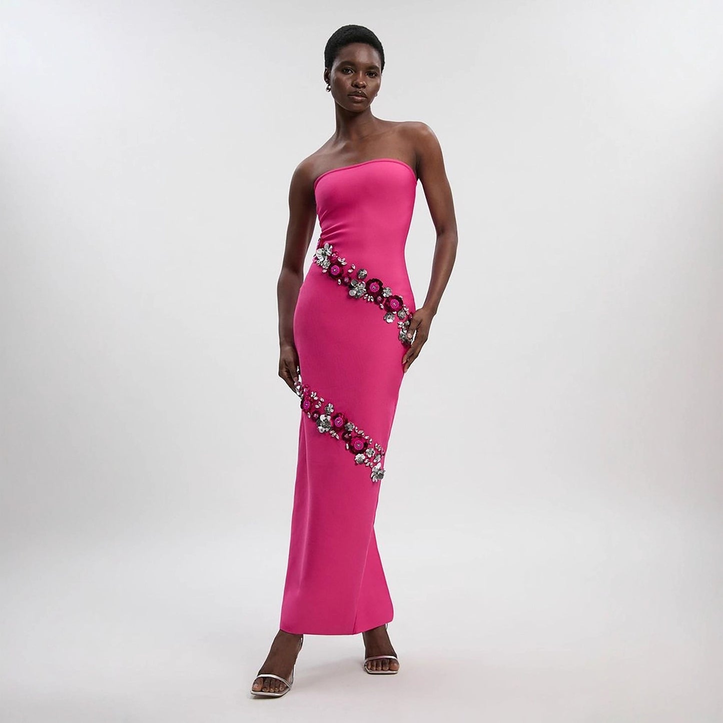 Hot Pink Strapless Bodycon Maxi Dress With Rhinestone Sequin Floral