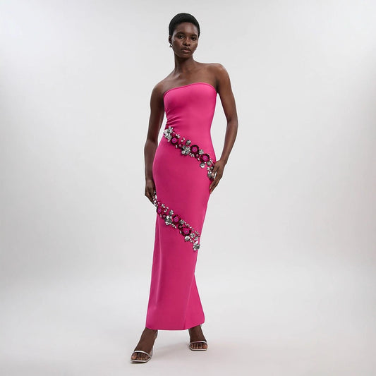 Hot Pink Strapless Bodycon Maxi Dress With Rhinestone Sequin Floral