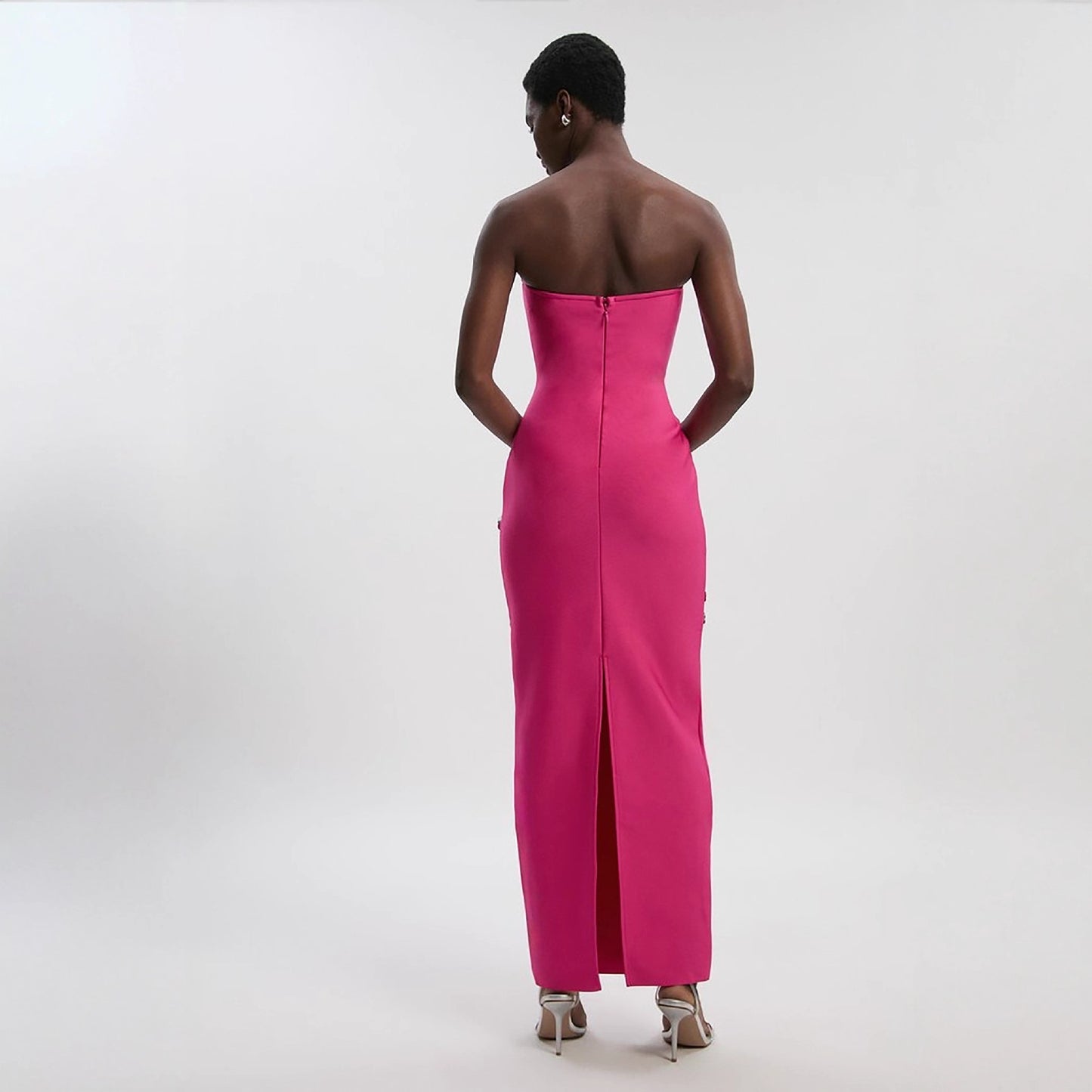Hot Pink Strapless Bodycon Maxi Dress With Rhinestone Sequin Floral