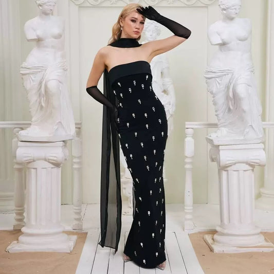 Luxury Formal Maxi Dress Black Bodycon Party Wear