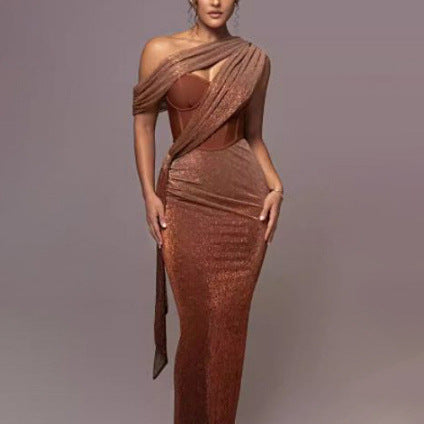 Women Glitter One Shoulder Corset Maxi Bandage Dress
