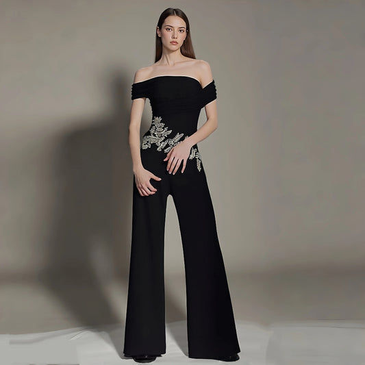 Black Off Shoulder Jumpsuit Rhinestone Bodycon Wide Leg Formal Party Jumpsuit for Women