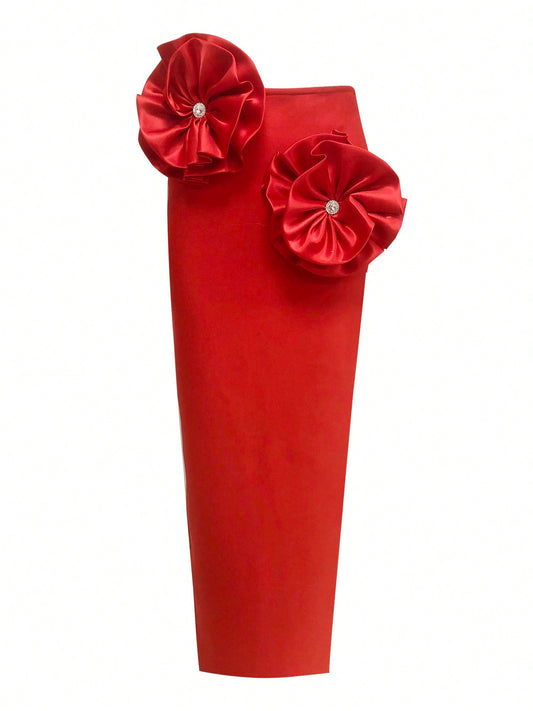Sexy Club Wear High Waisted Pencil Skirt Womens Red 3D Flower Bandage Skirts for Women