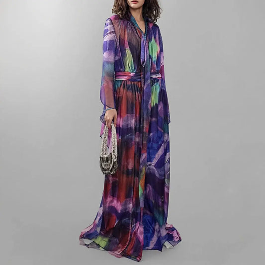 2025 luxury women's brand dress manufacturers abstract print long flowing summer vacation dress for women