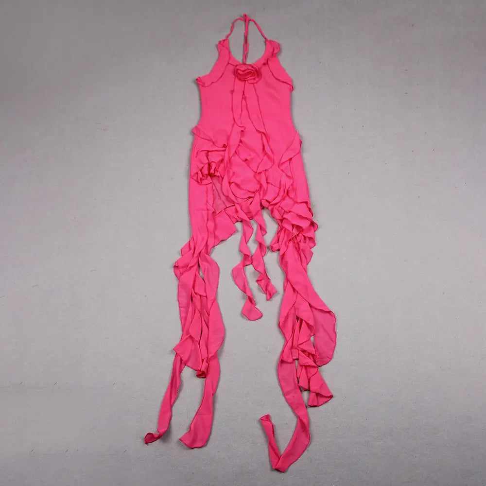 Roupas De Moda Feminina Summer Women Sexy V-Neck Backless Ruffle Bodycon Birthday Dress Asymmetric Ruffle Party Dress